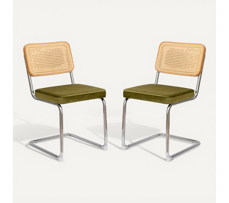 Lot De 2 Chaises De Salle à Manger Breuer En Velours Vert Olive Et Dossier En Rotin, Pieds Chromés