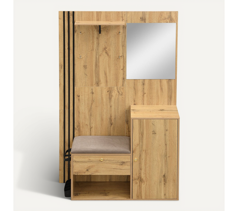 Vestiaire à L'entrée Effet Bois Avec Miroir, Assise Rangement Chaussures 115x185x37cm