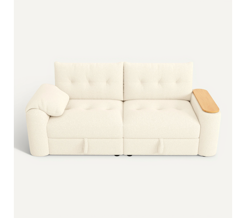 Canapé Modulable 2-3 Places En Bouclé Beige Avec Coffre De Rangement Et Tablette Pivotante