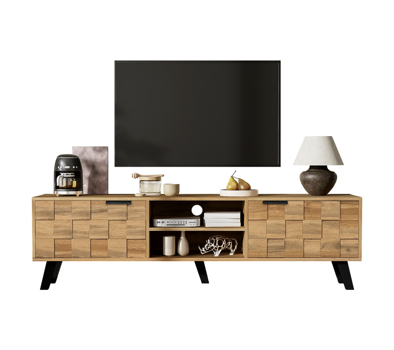 Meuble TV Moderne Avec 2 Portes Et 2 Compartiments Ouverts – 160,5 X 35,5 X 45 Cm Boisetnoir