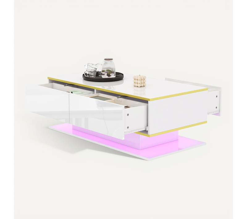 Table Basse Table De Salon LED Avec 3 Tiroirs - 100x50x40cm Blanc+doré Panneaux De Particules