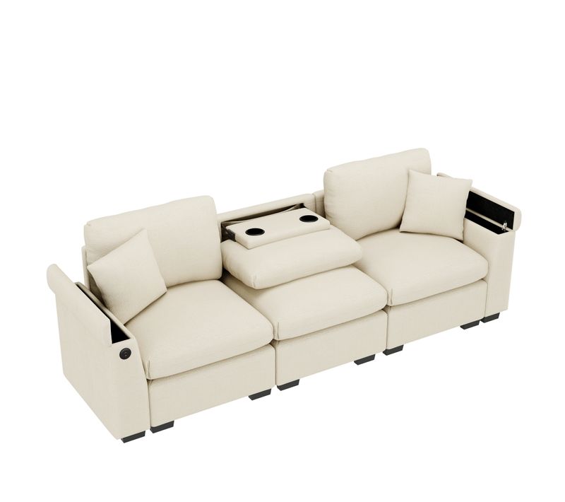 Canapé 3 Places - Canapé Fixe Moderne Avec Table Pliante Prise USB Porte-gobelet 242x80x88cm Beige