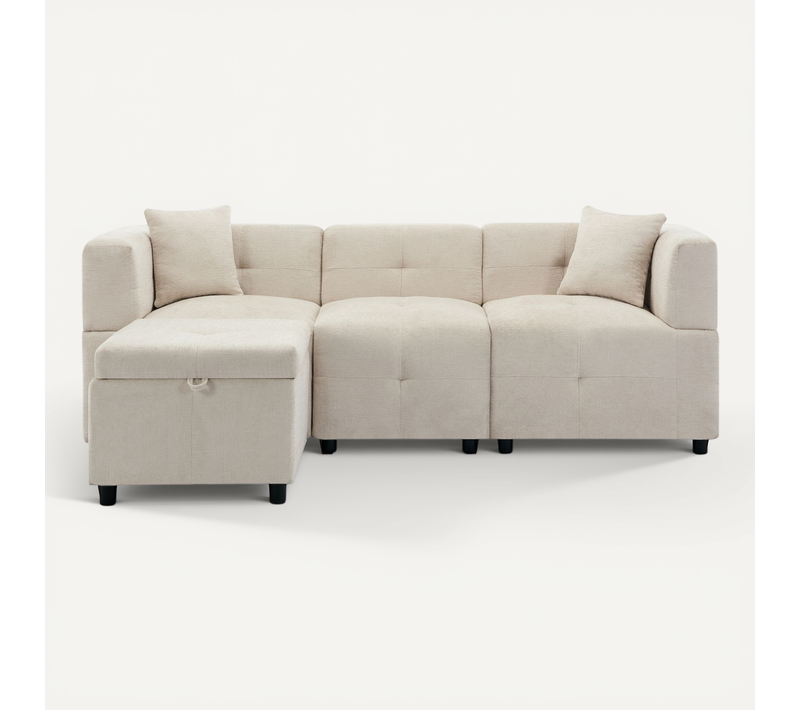 Canapé D'angle 3 Places - Canapé Fixe En L Avec Repose-pieds Amovible Coussins 204x126x69cm Beige