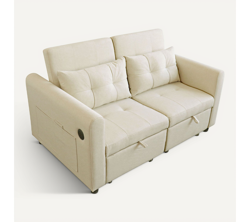 Canapé-lit à 2 Places, Canapé Convertible Dossier Réglable Avec USB Et Coussins 142x85x83cm Beige