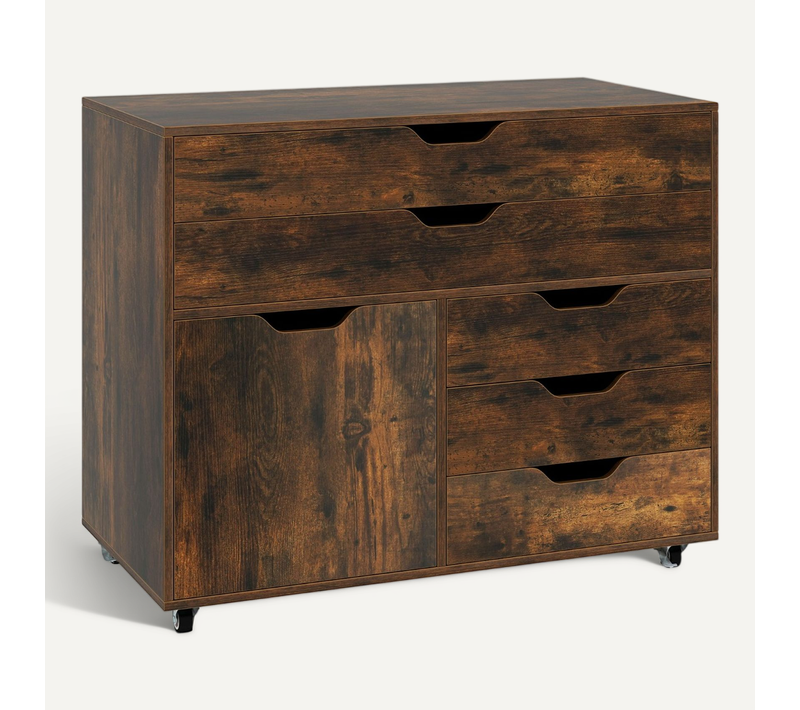 Commode à 5 Tiroirs Porte Armoire à Dossiers Mobile Avec Roulettes 77,5x40x64cm Marron Rustique