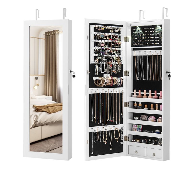 Armoire à Bijoux Avec LED Miroir Et Tiroirs Pour Maquillage Bijoux 37 X 9,5 X108 Cm Blanc