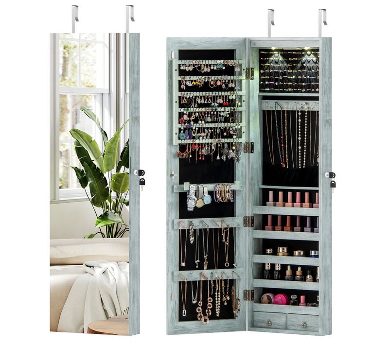 Armoire à Bijoux Avec Miroir LED Multiples Rangements Avec Crochets 120x36x10cm Bleu