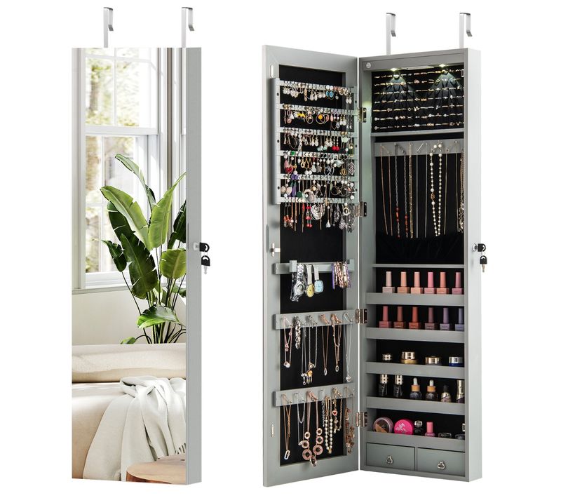 Armoire à Bijoux Avec Miroir LED Multiples Rangements Avec Crochets 120x36x10cm Gris