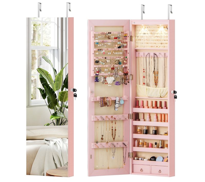 Armoire à Bijoux Avec Miroir LED Multiples Rangements Avec Crochets 120x36x10cm Rose