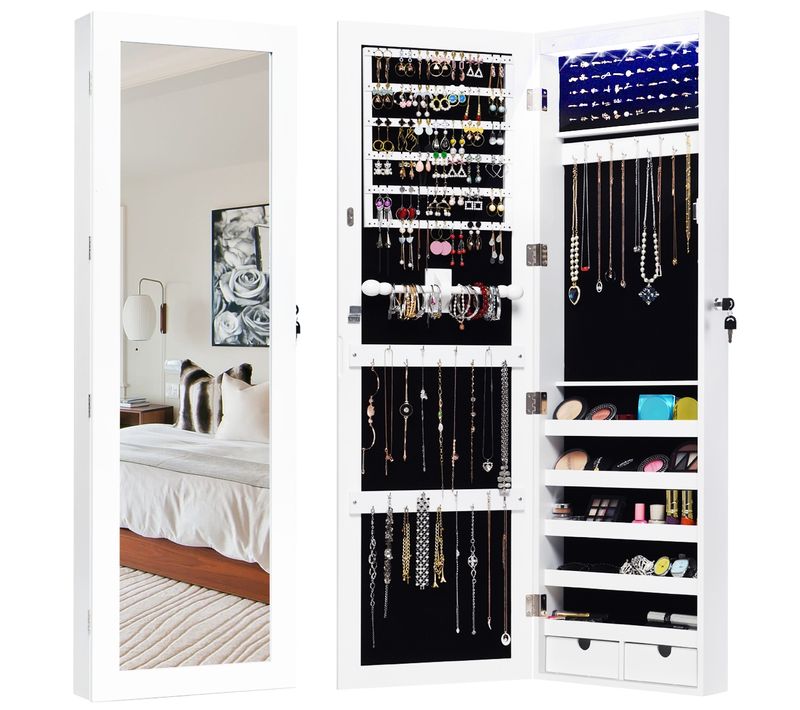 Armoire à Bijoux Mural Avec LED Intégré Avec 2 Serrure 2 Tiroirs 1 Tringle Blanc 37 X 9,6 X 120 Cm