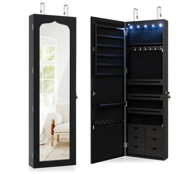 Armoire à Bijoux Murale LED Avec Miroir 6 Tiroirs Crochet Ajustable 120x36,5x11,5cm Noir