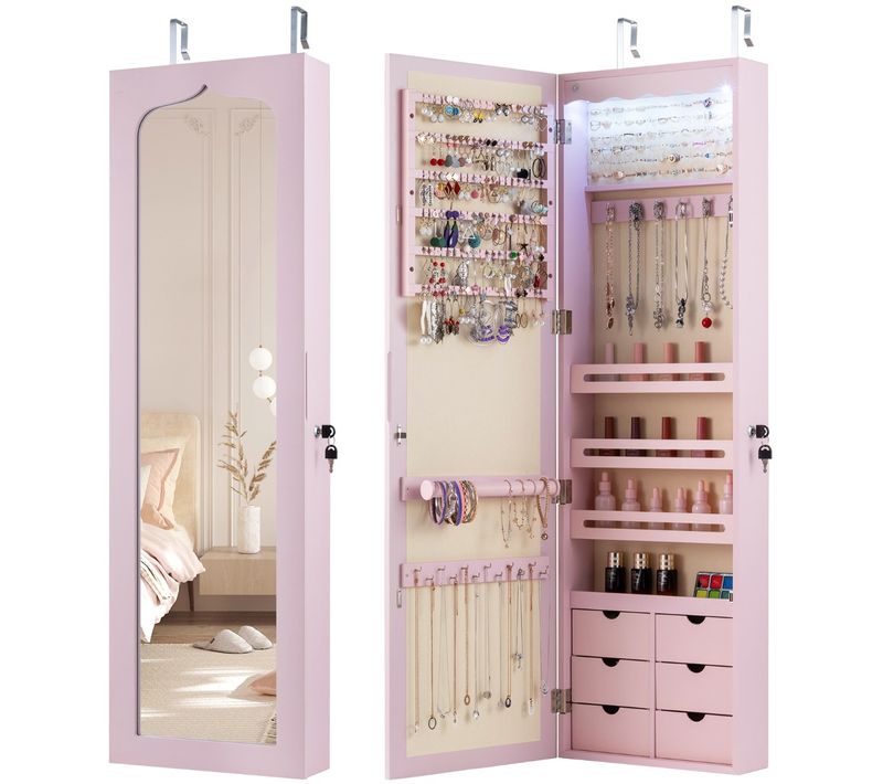 Armoire à Bijoux Murale LED Avec Miroir 6 Tiroirs Crochet Ajustable 120x36,5x11,5cm Rose