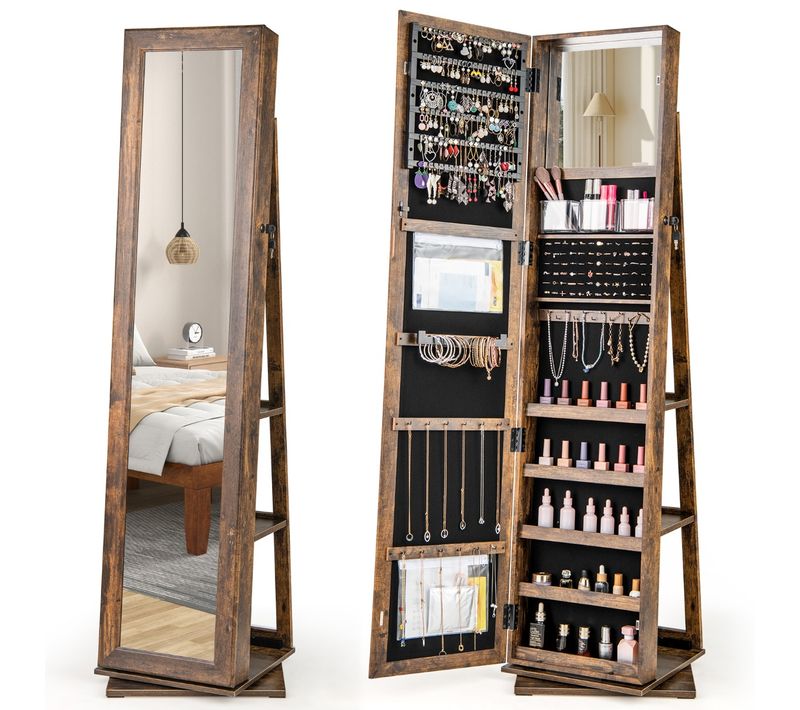 Armoire à Bijoux Pivotante Organisateur De Bijoux Debout Miroir 3 Boîtes De Rangement 43x38x159cm