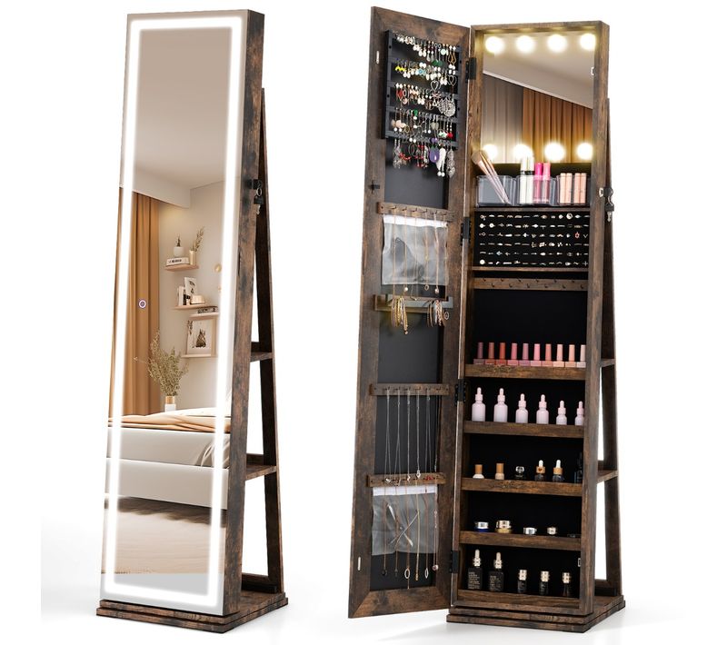 Armoire à Bijoux Pivotante Organisateur Indépendant Avec Miroir Et Étagères Arrière 3 Boîtes Brun