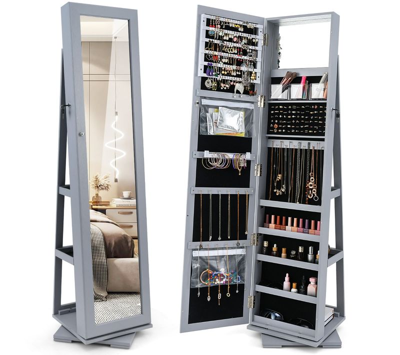 Armoire à Bijoux Pivotante Avec Miroir Psyché Et Etagère De Rangement Gris