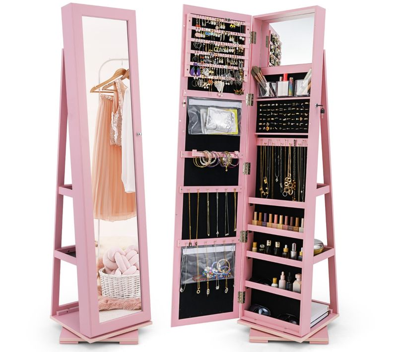 Armoire à Bijoux Pivotante Avec Miroir Psyché Et Etagère De Rangement Rose