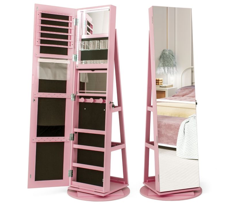 Armoire à Bijoux Pivotante LED 3 Couleurs Miroir Pleine Longueur Avec Rangement Rose