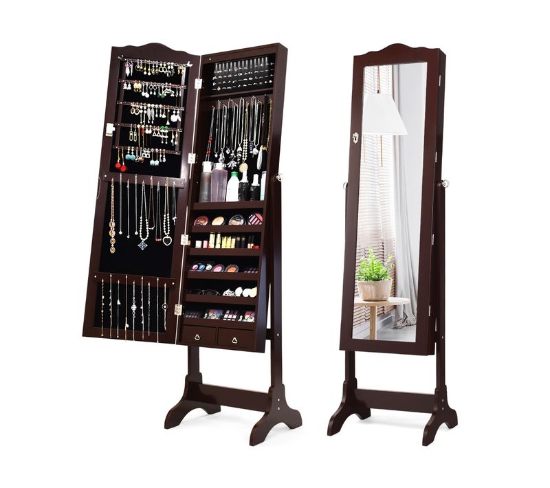 Armoire à Bijoux Sur Pied Avec 14 Lampes LED Verrouillable Réglable à 4 Angles Marron