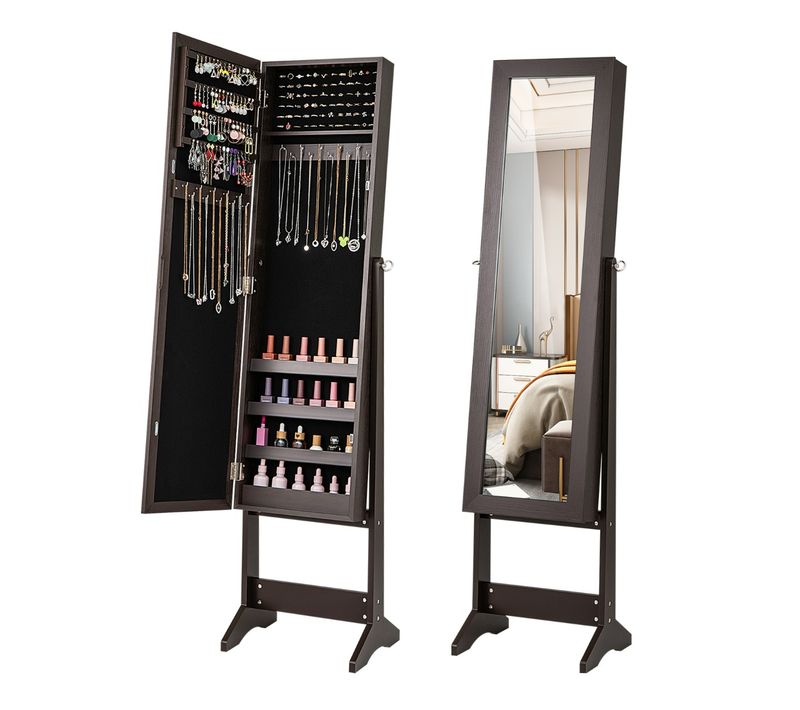 Armoire à Bijoux Sur Pied Avec Miroir Armoire De Rangement Cosmétiques Réglables Café