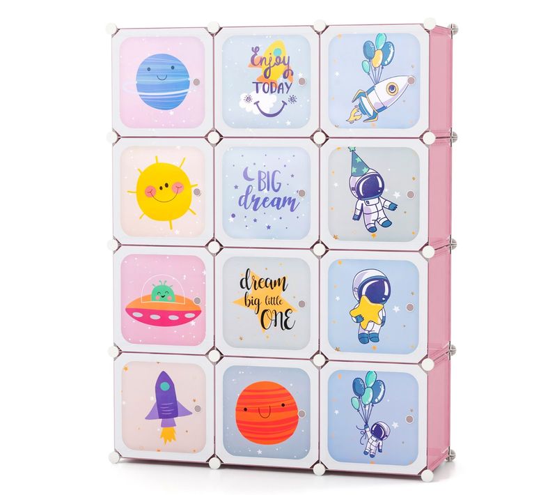 Armoire Portable Pour Enfants 12 Cubes Penderie Organisateur De Rangement 107x36x142 Cm Rose