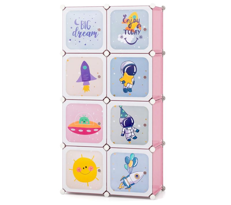Armoire Portable Pour Enfants 8 Cubes Avec Portes Modulaire Meuble à Tiroirs 71x36x142 Cm Rose