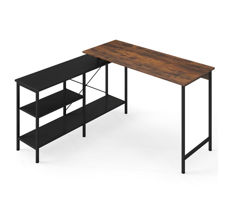 Bureau Gaming D'angle Réversible Grand Bureau En L 135 X 120 Cm Avec Étagères Brun