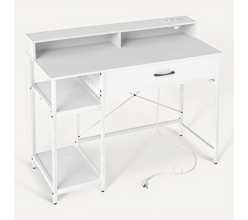 Bureau Informatique Avec Étagère Supérieure Tiroir Et Étagère à 2 Niveaux Bureau D'écriture Blanc