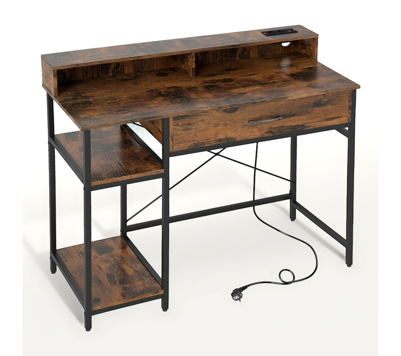 Bureau Informatique Avec Étagère Supérieure Tiroir Et Étagère à 2 Niveaux Bureau D'écriture Marron