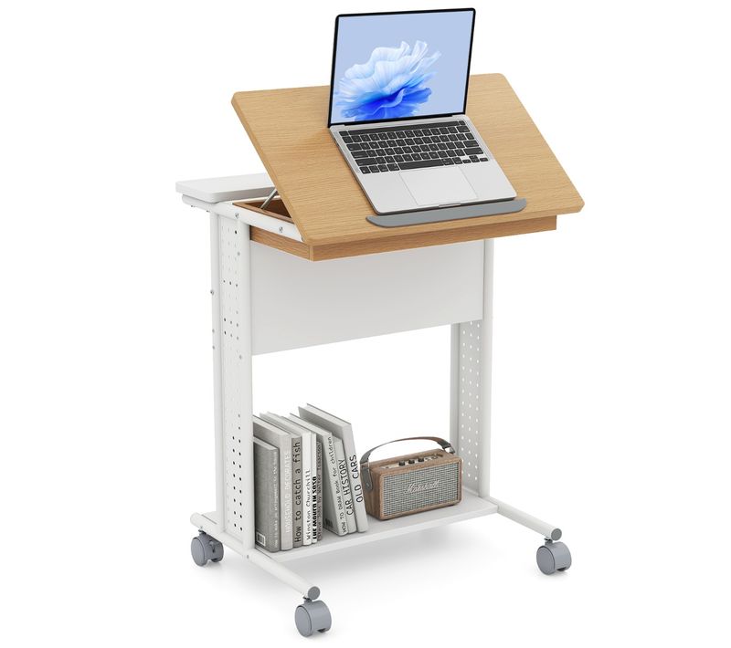 Bureau Portable Roulant Bureau D'ordinateur Avec Plateau Inclinable Compartiment Caché Étagères De