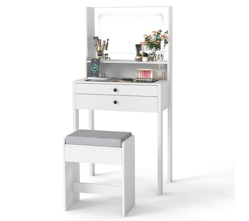 Coiffeuse Avec Miroir et Lumières Petite Table De Maquillage Avec Prises Électriques Blanc