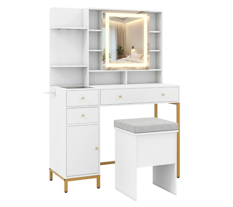Coiffeuse Avec Miroir LED Ensemble De Coiffeuse Et De Tabouret 3 Couleurs 98x40x138,5cm Blanc
