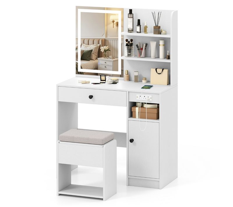 Coiffeuse Avec Miroir LED Table De Maquillage Avec Tabouret De Rangement 90x40x135,5cm Blanc