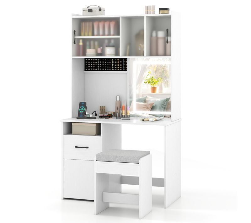 Coiffeuse Avec Miroir LED Table De Maquillage Avec Prises Électriques 3 Modes D'éclairage