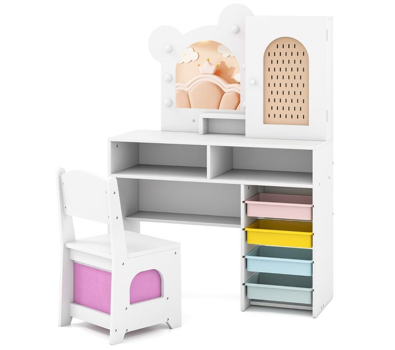Coiffeuse Pour Enfants Avec LED Fauteuil 5 Tiroirs Et 2 Compartiments Armoire à Porte Blanc