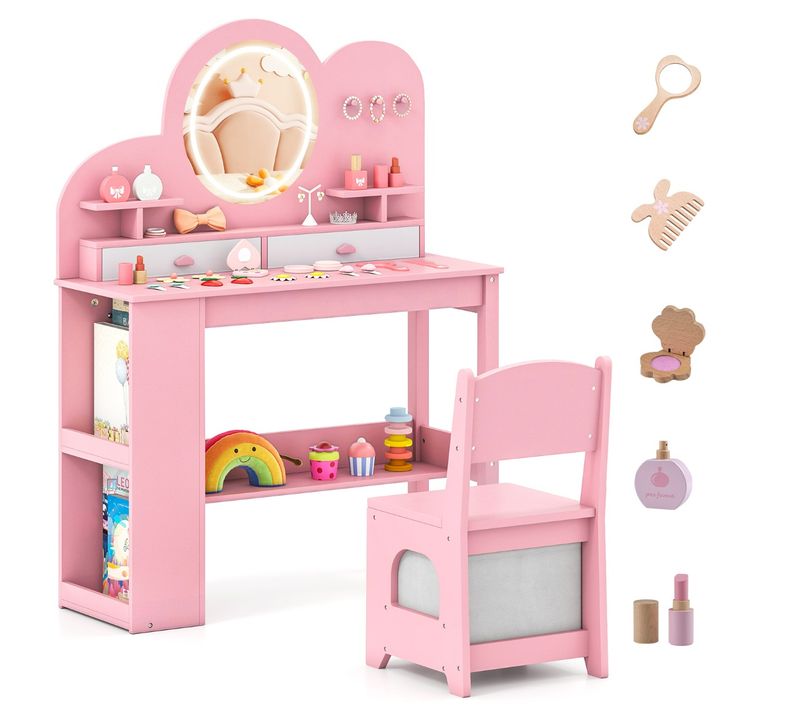 Coiffeuse Pour Enfants LED Avec 2 Tiroirs Bibliothèque à 2 Niveaux 3 Crochets Rose