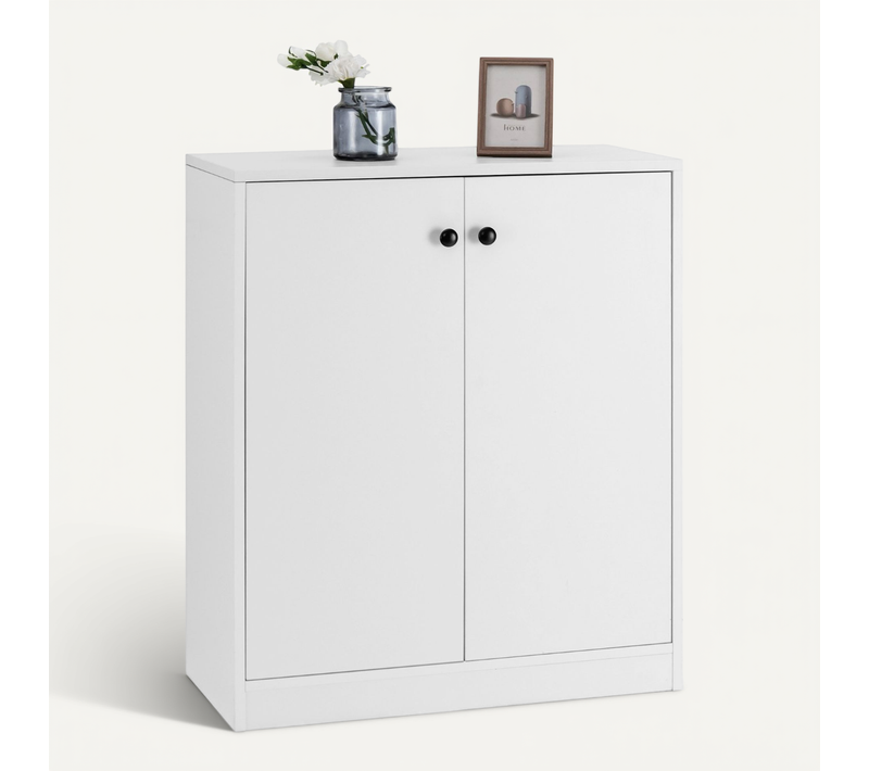 Commode Buffet Meuble De Rangement Avec 2 Portes Meuble Bas Blanc Avec 3 Étagères Réglables