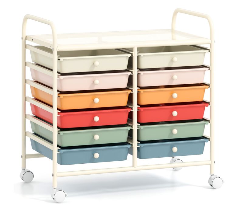 Desserte à Roulettes Chariot De Rangement 12 Tiroirs Avec Tablette Cadre En Métal Macaron