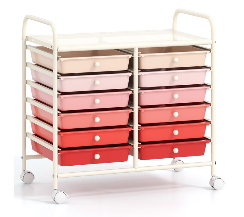 Desserte à Roulettes Chariot De Rangement 12 Tiroirs Avec Tablette Cadre En Métal Rose Dégradé