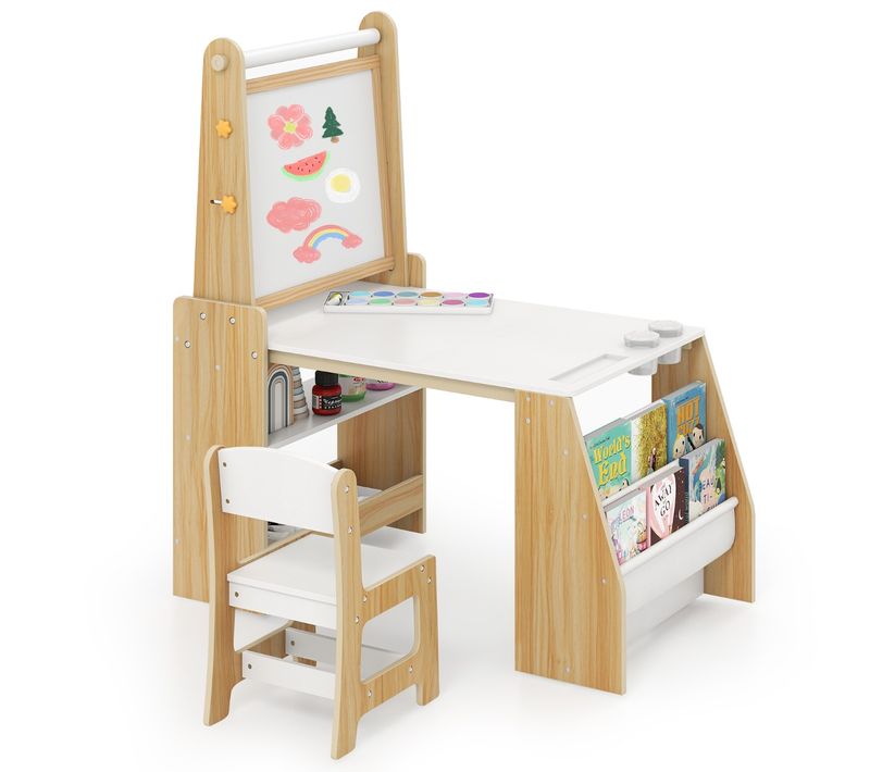 Ensemble Table Et Chaises Pour Enfants Chevalet Table D'étude Avec Chaise Naturel Blanc