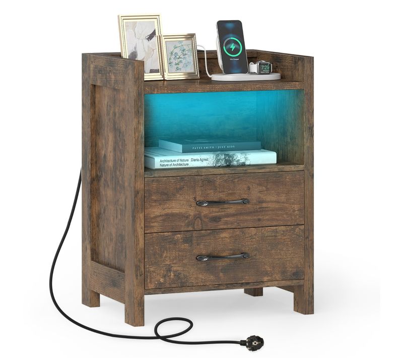 Table De Chevet LED Et Prises Électriques Table De Chevet Avec 2 Tiroirs 45 X 35 X 60 Cm Marron