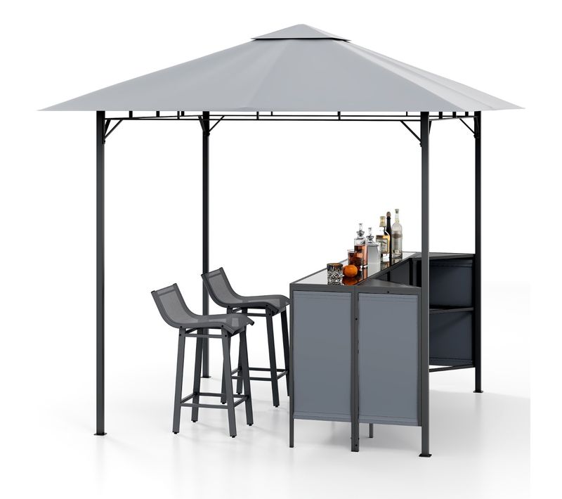 Tonnelle De Bar De Patio En 3 Pièces 245x245cm Avec 2 Tabourets De Bar Abri Barbecue Double Toit