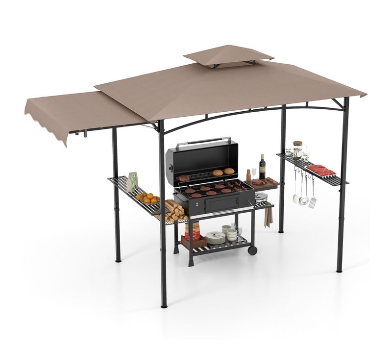 Tonnelle De Barbecue 318x153cm Avec Auvent Latéral Abri Barbecue Cadre En Métal Café