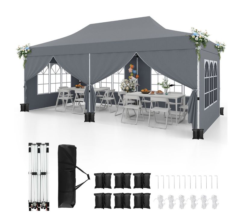 Tonnelle De Jardin 3x6m 6 Parois Amovibles Tente De Reception Escamotable Protection Solaire Gris