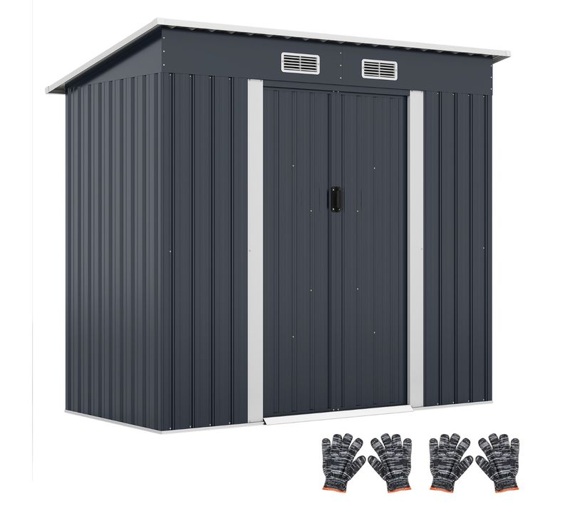 Abri De Jardin Extérieur Pour Équipement Avec Toit Incliné Porte Coulissante Aérations Métal Gris