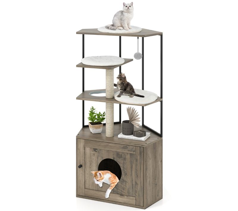 Arbre à Chat Avec Enclos Pour Litière Meuble Moderne Pour Chat Avec 2 Poteaux à Gratter Et 3 Tapis