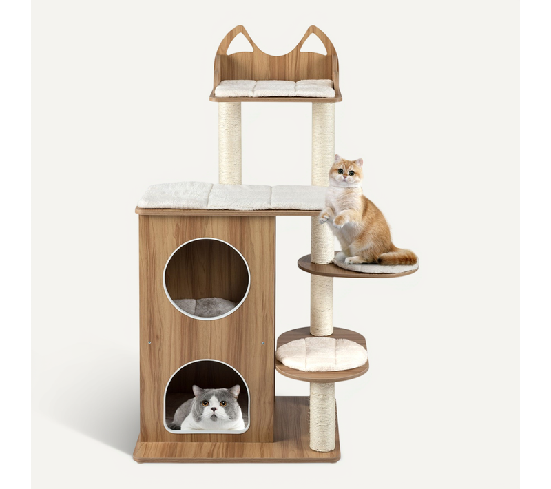 Arbre à Chat En Bois Tour à Chat à 2 Étages Avec Niche Plateforme D'observation Poteaux En Sisal