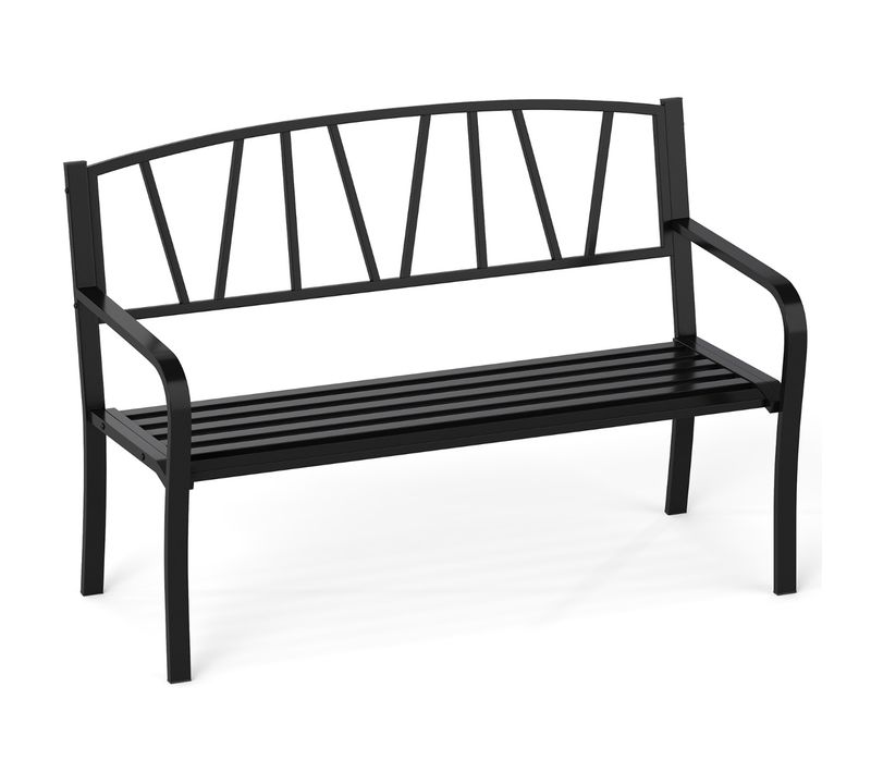 Banc De Jardin En Métal 128cm Banc Moderne Avec Lattes Pour 2-3 Personnes Accoudoirs Incurvés