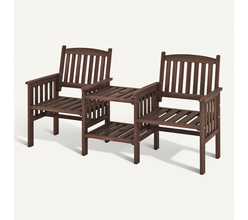 Banc Extérieur En Bois De Sapin Avec Table Latérale à 2 Niveaux Et Trou Pour Parasol De 5cm