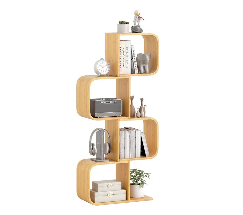 Bibliothèque à 4 Niveaux Etagère En Bambou Avec 4 Cubes Ouverts Etagère D'angle Géométrique Naturel