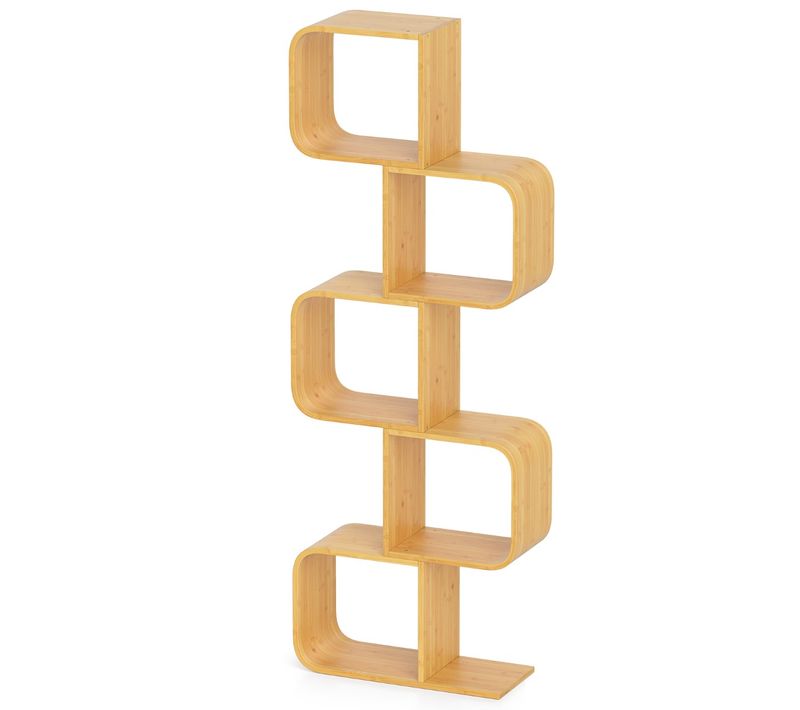 Bibliothèque à 5 Niveaux Etagère En Bambou Avec 5 Cubes Etagère D'angle Géométrique Naturel